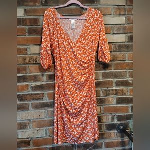 laundry by design Womens Wrap Dress Large Orange White Swirls Knee Length, EUC